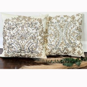 Luxury Gold Silver Beaded Ivory Cream Throw Pillow (Set of 2)